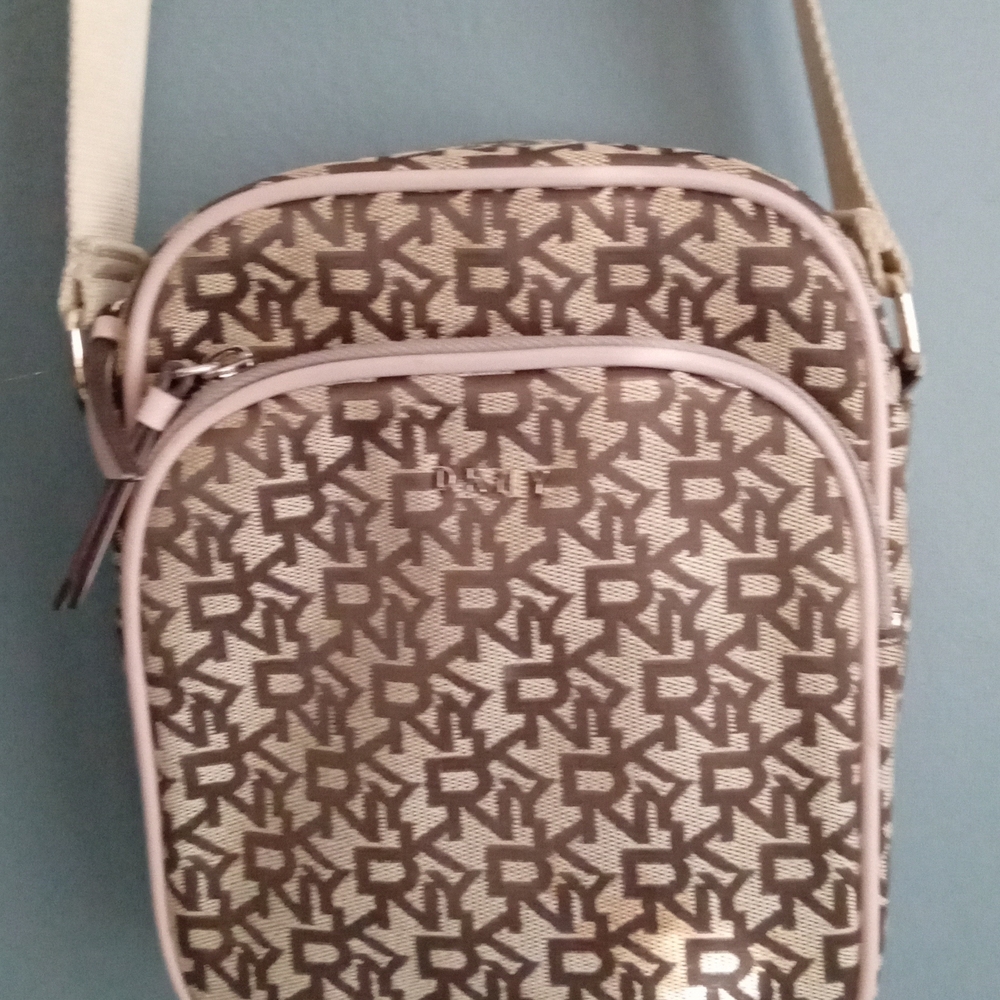 DKNY Signature Logo‎ Crossbody Bag Brown Tan Pink Trim Adjustable Strap